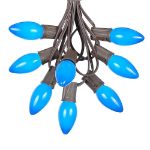 C9 25 Light String Set with Ceramic Blue Bulbs on Brown Wire