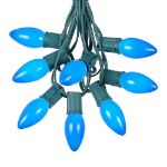 C9 25 Light String Set with Ceramic Blue Bulbs on Green Wire