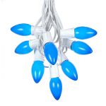 C9 25 Light String Set with Ceramic Blue Bulbs on White Wire