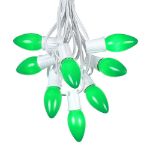C9 25 Light String Set with Ceramic Green Bulbs on White Wire