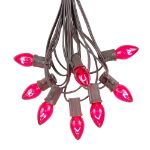 100 C7 String Light Set with Pink Bulbs on Brown Wire