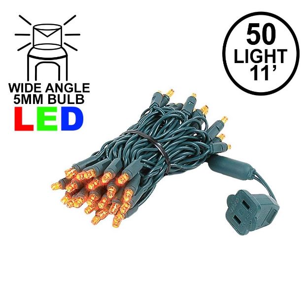 50 LED Orange (amber) LED Christmas Lights 11' Long on Green Wire