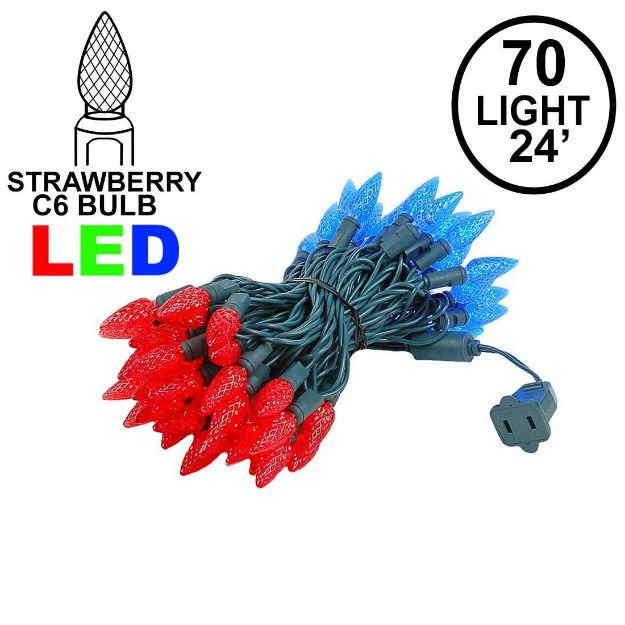 Red and Blue 70 LED C6 Strawberry Mini Lights Commercial Grade Green Wire