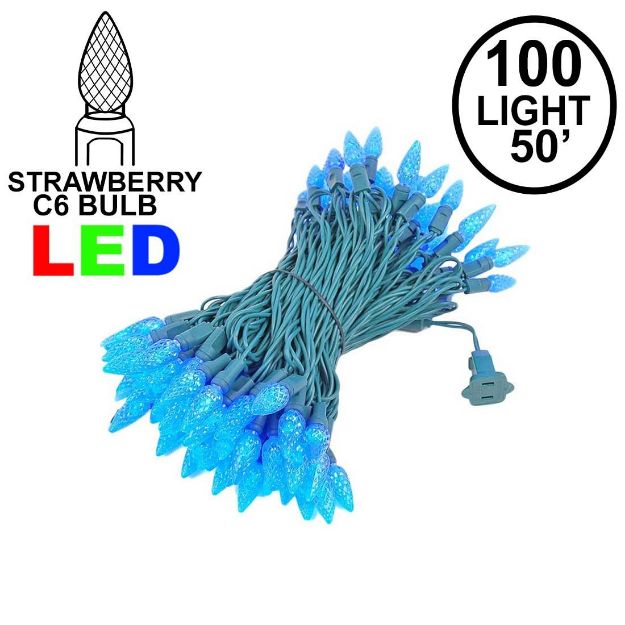 Blue 100 LED C6 Strawberry Mini Lights Commercial Grade Green Wire