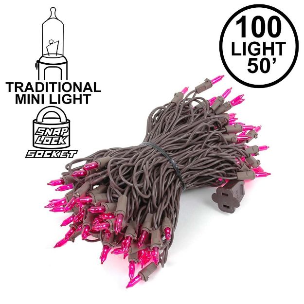 Pink Christmas Mini Lights 100 Light 50 Feet Long on Brown Wire
