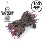Red/White/Blue Christmas Mini Lights 100 Light 50 Feet Long on Brown Wire