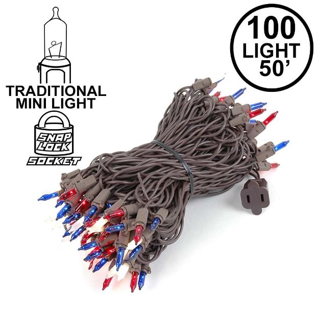 Red/White/Blue Christmas Mini Lights 100 Light 50 Feet Long on Brown Wire