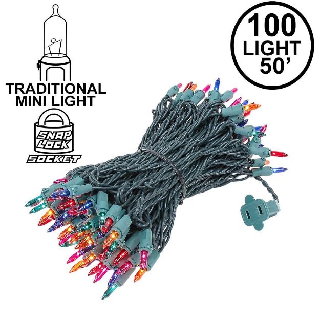 Multi Christmas Mini Lights 100 Light 50 Feet Long on Green Wire