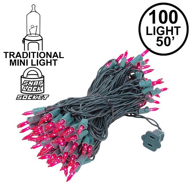 Pink Christmas Mini Lights 100 Light 50 Feet Long on Green Wire