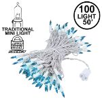 Teal Christmas Mini Lights 100 Light 50 Feet Long on White Wire