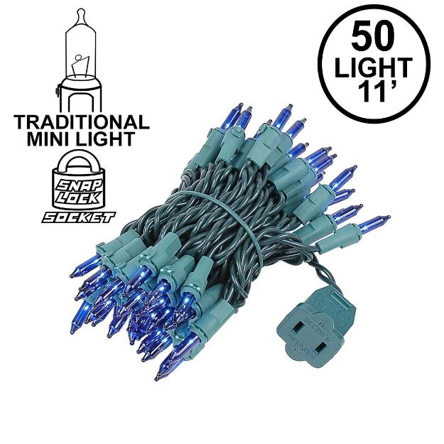 Blue 50 Light 11' Long Green Wire Christmas Mini Lights