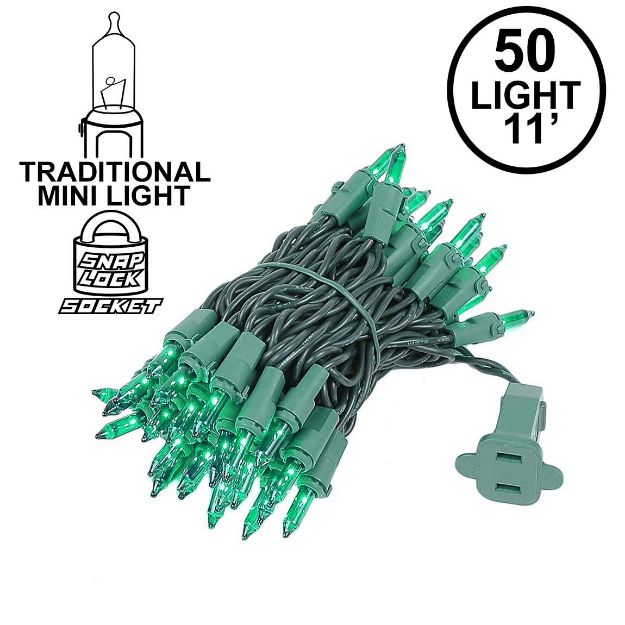 Green 50 Light 11' Long Green Wire Christmas Mini Lights