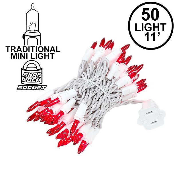 Red 50 Light 11' Long White Wire Christmas Mini Lights