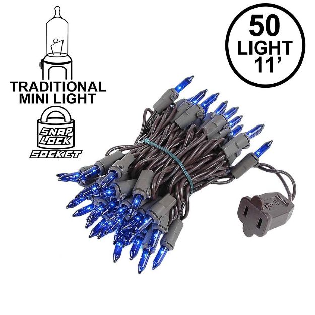 Blue Christmas Mini Lights 50 Light on Brown Wire 11 Feet Long