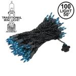 Teal Christmas Mini Lights 100 Light 50 Feet Long on Black Wire