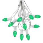 25 Light String Set with Green Ceramic C7 Bulbs on White Wire