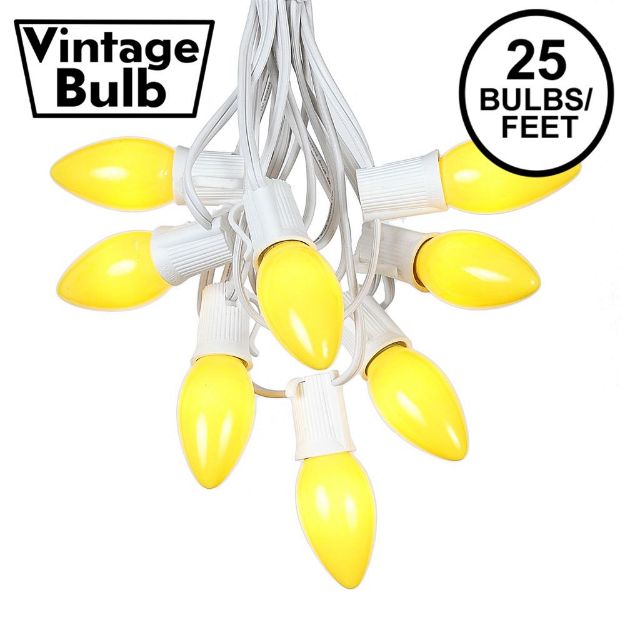 C9 25 Light String Set with Ceramic Yellow Bulbs on White Wire