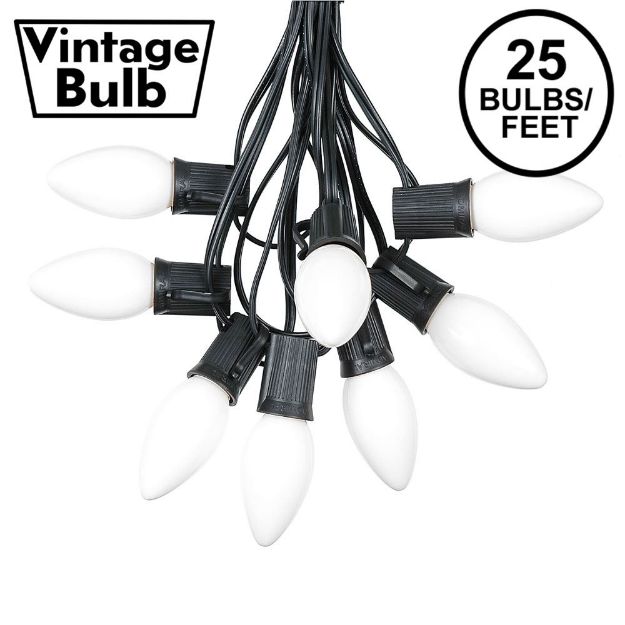 C9 25 Light String Set with Ceramic White Bulbs on Black Wire