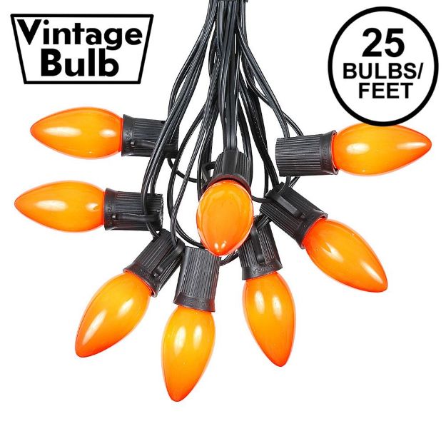 C9 25 Light String Set with Ceramic Orange Bulbs on Black Wire