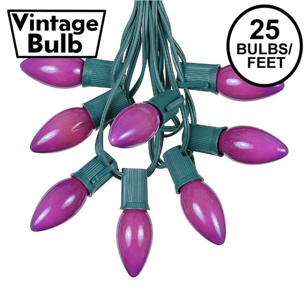 C9 25 Light String Set with Ceramic Purple Bulbs on Green Wire