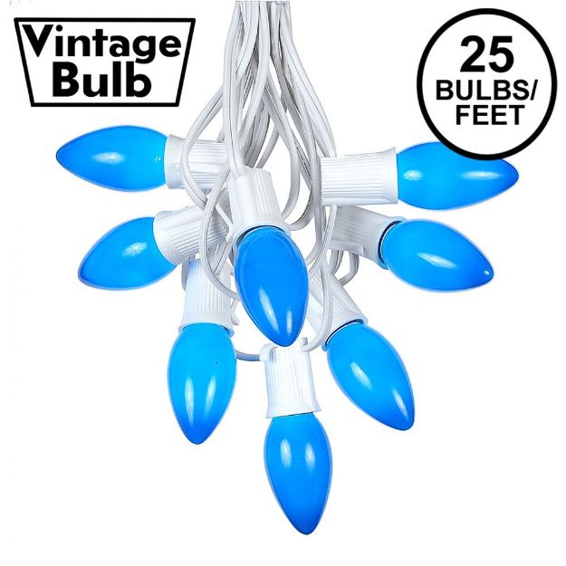 C9 25 Light String Set with Ceramic Blue Bulbs on White Wire