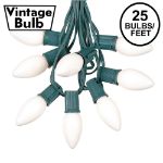 C9 25 Light String Set with Ceramic White Bulbs on Green Wire