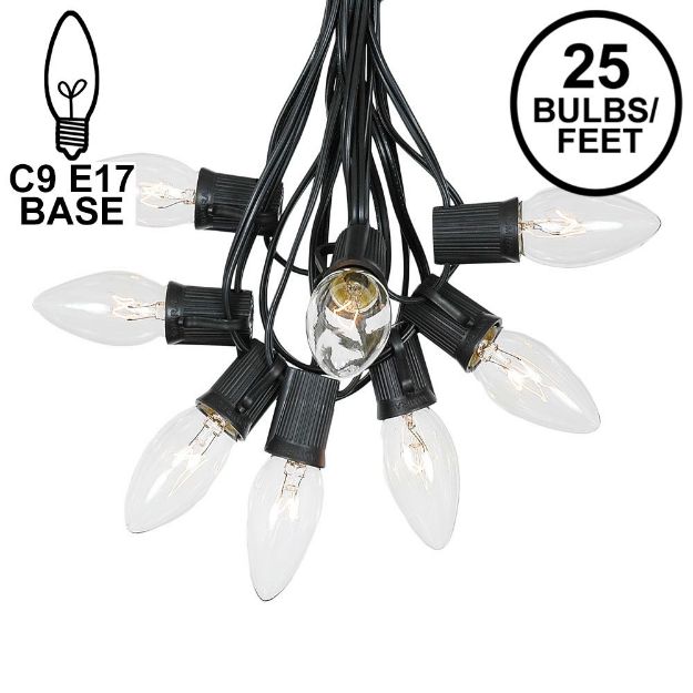 C9 25 Light String Set with Clear Bulbs on Black Wire
