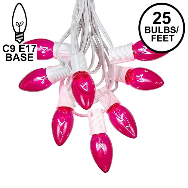 C9 25 Light String Set with Pink Bulbs on White Wire