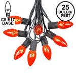 C9 25 Light String Set with Orange Bulbs on Black Wire