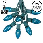 C9 25 Light String Set with Teal Bulbs on Green Wire