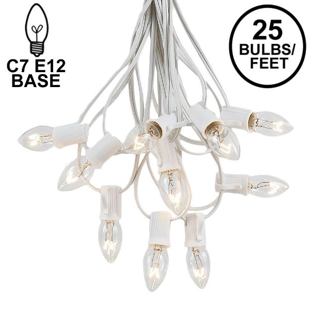 C7 25 Light String Set with Clear Bulbs on White Wire