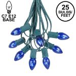 25 Light String Set with Blue Transparent C7 Bulbs on Green Wire