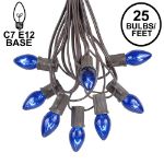 25 Light String Set with Blue Transparent C7 Bulbs on Brown Wire
