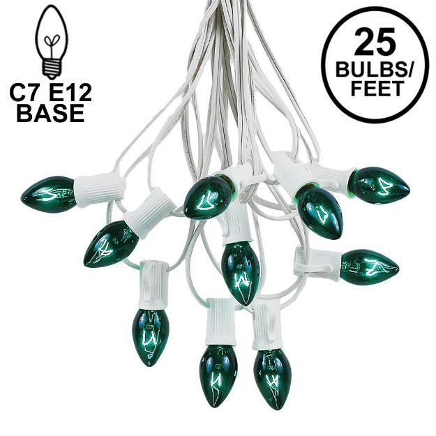 25 Light String Set with Green Transparent C7 Bulbs on White Wire