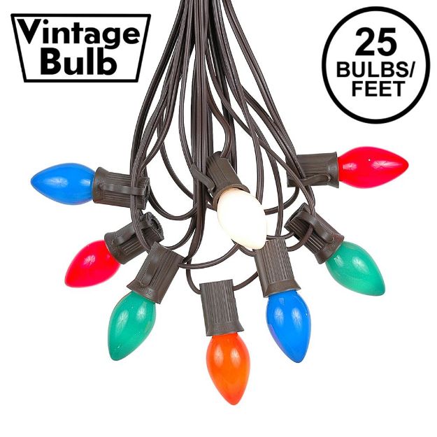 25 Light String Set with Assorted Ceramic C7 Bulbs on Brown Wire