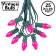 25 Light String Set with Pink Ceramic C7 Bulbs on Green Wire