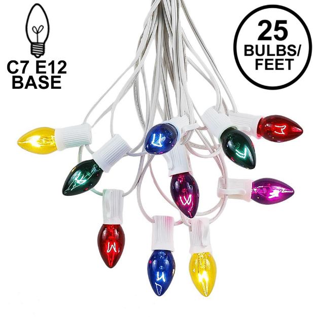 C7 25 Light String Set with Multi-Colored Twinkle Bulbs on White Wire