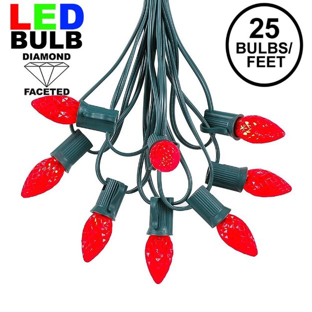 25 Light String Set with Red LED C7 Bulbs on Green Wire