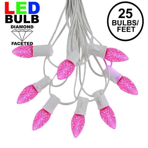 25 Light String Set with Pink LED C7 Bulbs on White Wire