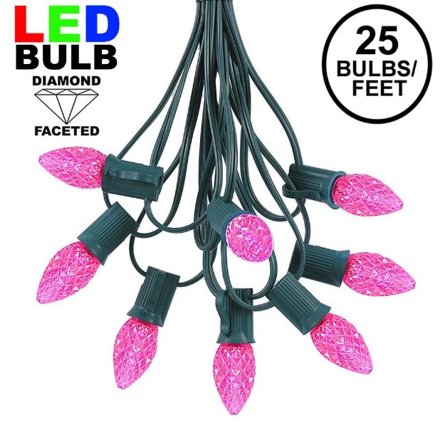 25 Light String Set with Pink LED C7 Bulbs on Green Wire
