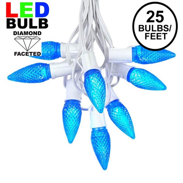 25 Light String Set with Blue LED C9 Bulbs on White Wire