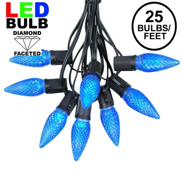25 Light String Set with Blue LED C9 Bulbs on Black Wire