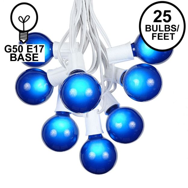 25 G50 Globe Light String Set with Blue Bulbs on White Wire