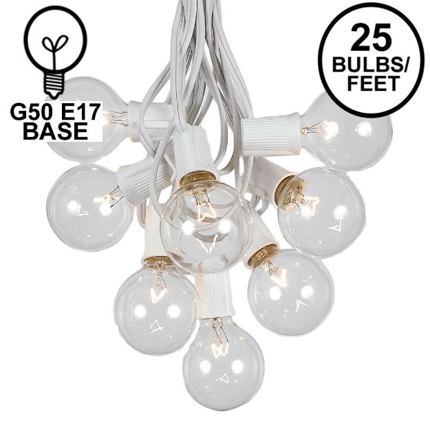 25 G50 Globe Light String Set with Clear Bulbs on White Wire