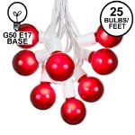 25 G50 Globe Light String Set with Red Bulbs on White Wire