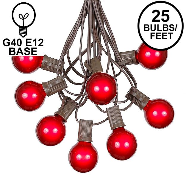 25 G40 Globe String Light Set with Red Satin Bulbs on Brown Wire
