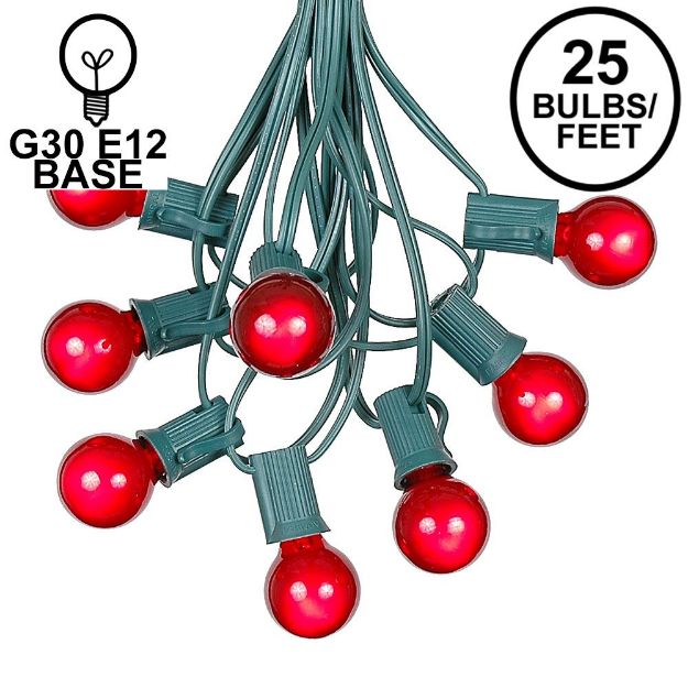 25 G30 Globe Light String Set with Red Satin Bulbs on Green Wire