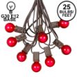 25 G30 Globe Light String Set with Red Satin Bulbs on Brown Wire