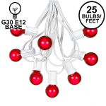 25 G30 Globe Light String Set with Red Satin Bulbs on White Wire