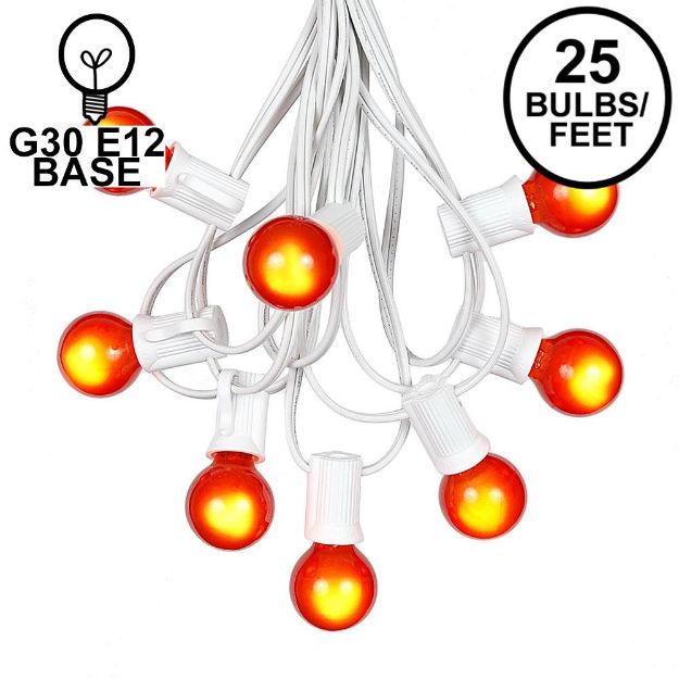 25 G30 Globe Light String Set with Orange Satin Bulbs on White Wire